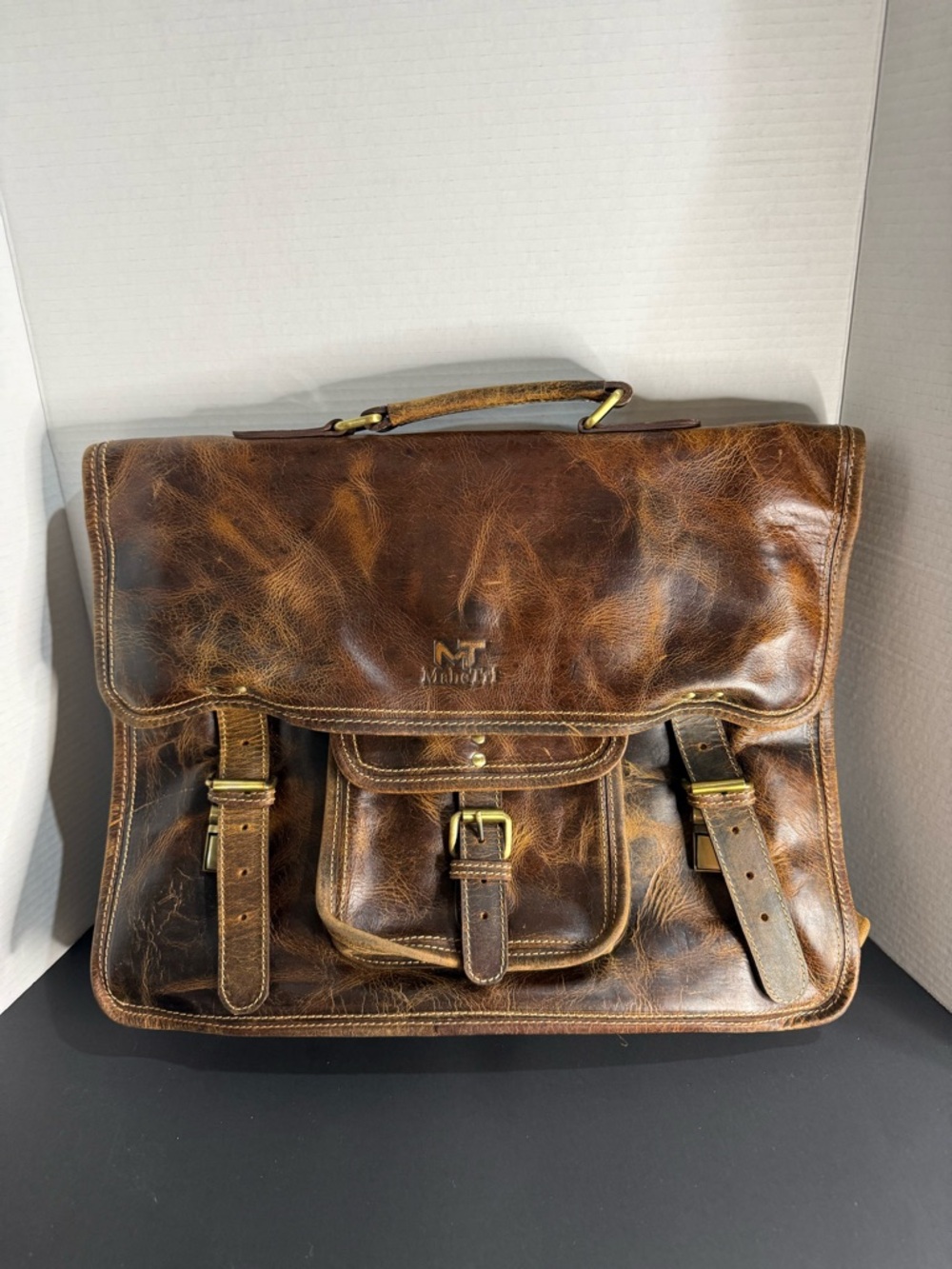 MT Brown Distressed Leather Briefcase Messenger